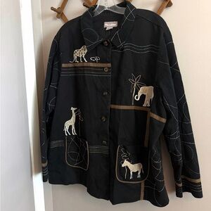 Tanjay Vintage 3X Safari Animal Embroidered Jacket Black Cotton Art Teacher
